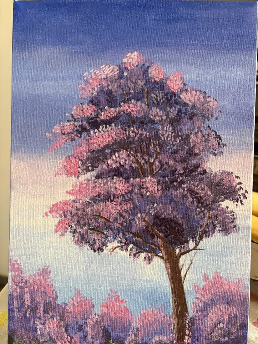 Pintura de um ipê florido ao entardecer
